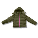 Green wholesale bulk puffer jacket with a pink zipper on a white background