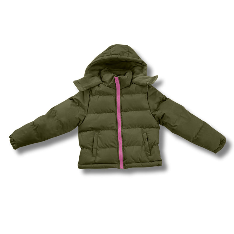 Green wholesale bulk puffer jacket with a pink zipper on a white background