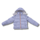 Light blue wholesale bulk children's puffer jacket with a hood on a white background