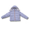 Light blue wholesale bulk children's puffer jacket with a hood on a white background