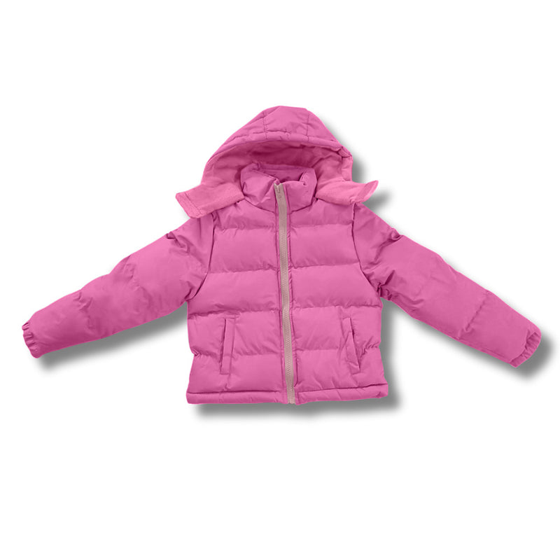 Pink children's wholesale bulk puffer jacket on a white background