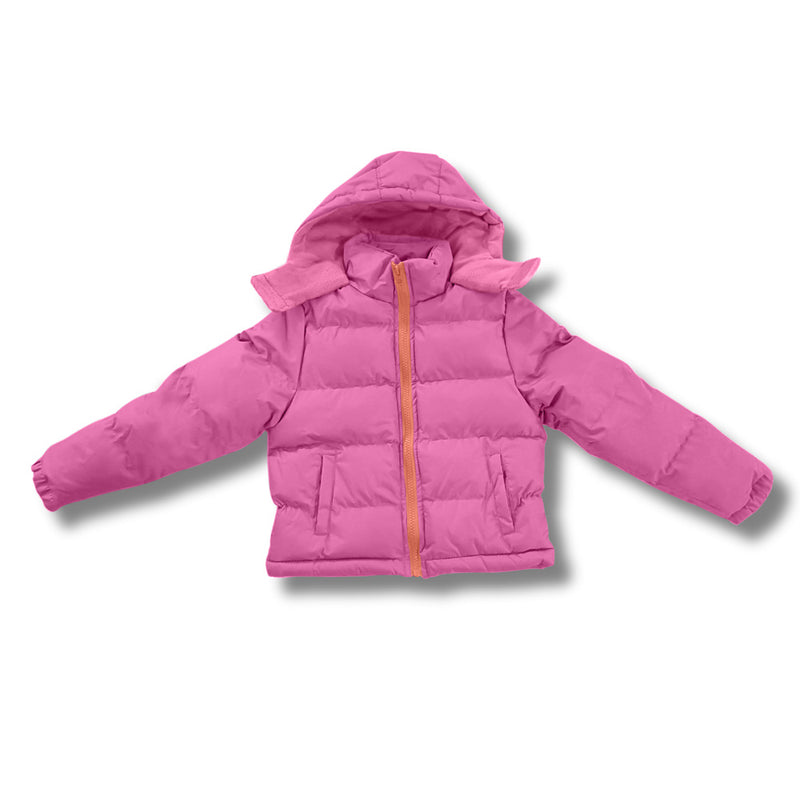 Pink children's wholesale bulk  puffer jacket on a white background