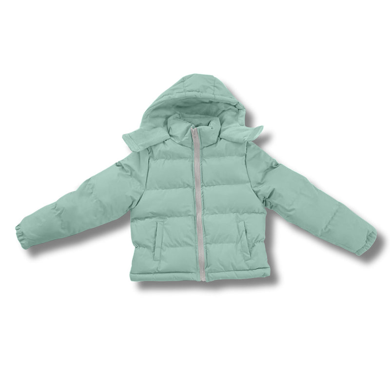 Light green wholesale bulk puffer jacket on a white background
