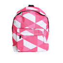 A pink and white plaid patterned 15 inch economy backpack.