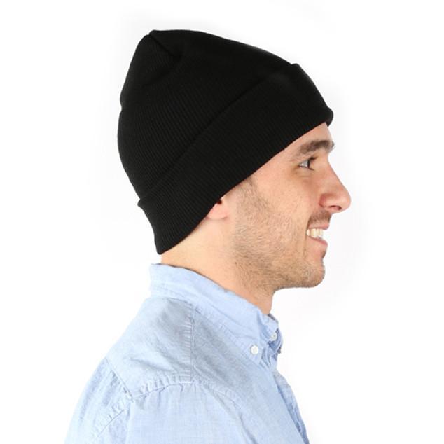 Adult Male Wearing Black Beanie, side view