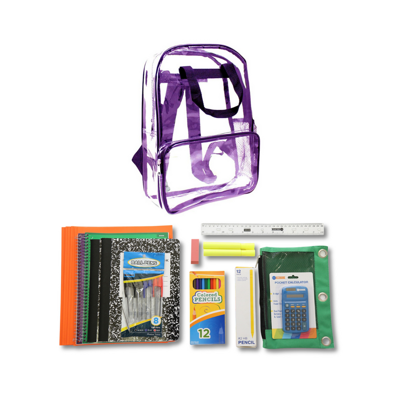 Wholesale 6th-12th Grade Deluxe Kit (46 Items per Kit) in 18" Clear PVC Backpack