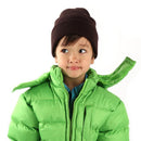 Child Male wearing green coat and black beanie, front view