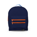 Navy backpack with orange zippers and light blue trim