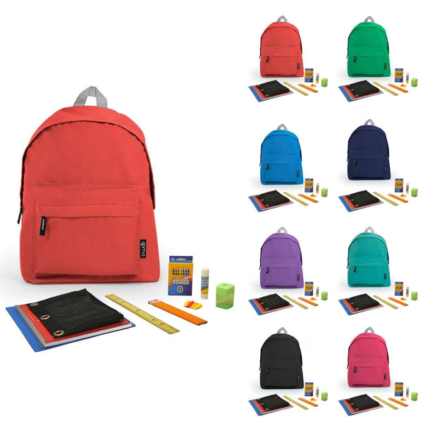 Wholesale Student Essentials Kit (24 Items per Kit) in 15" Economy Asst Solid Color Backpack